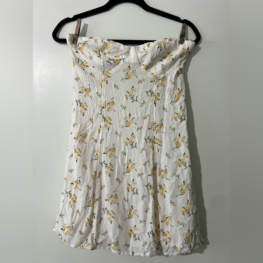 American Eagle Outfitters Strapless White Dress with Yellow Floral Pattern - Med
